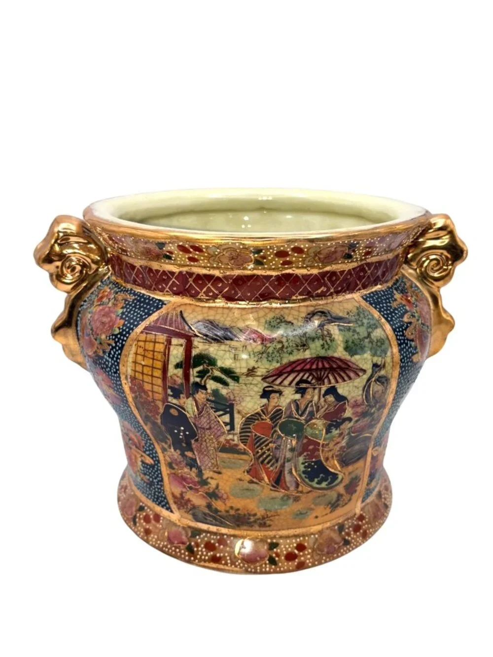 Vintage Royal Satsuma Moriage Cachepot Planter Jardiniere Lion Handles